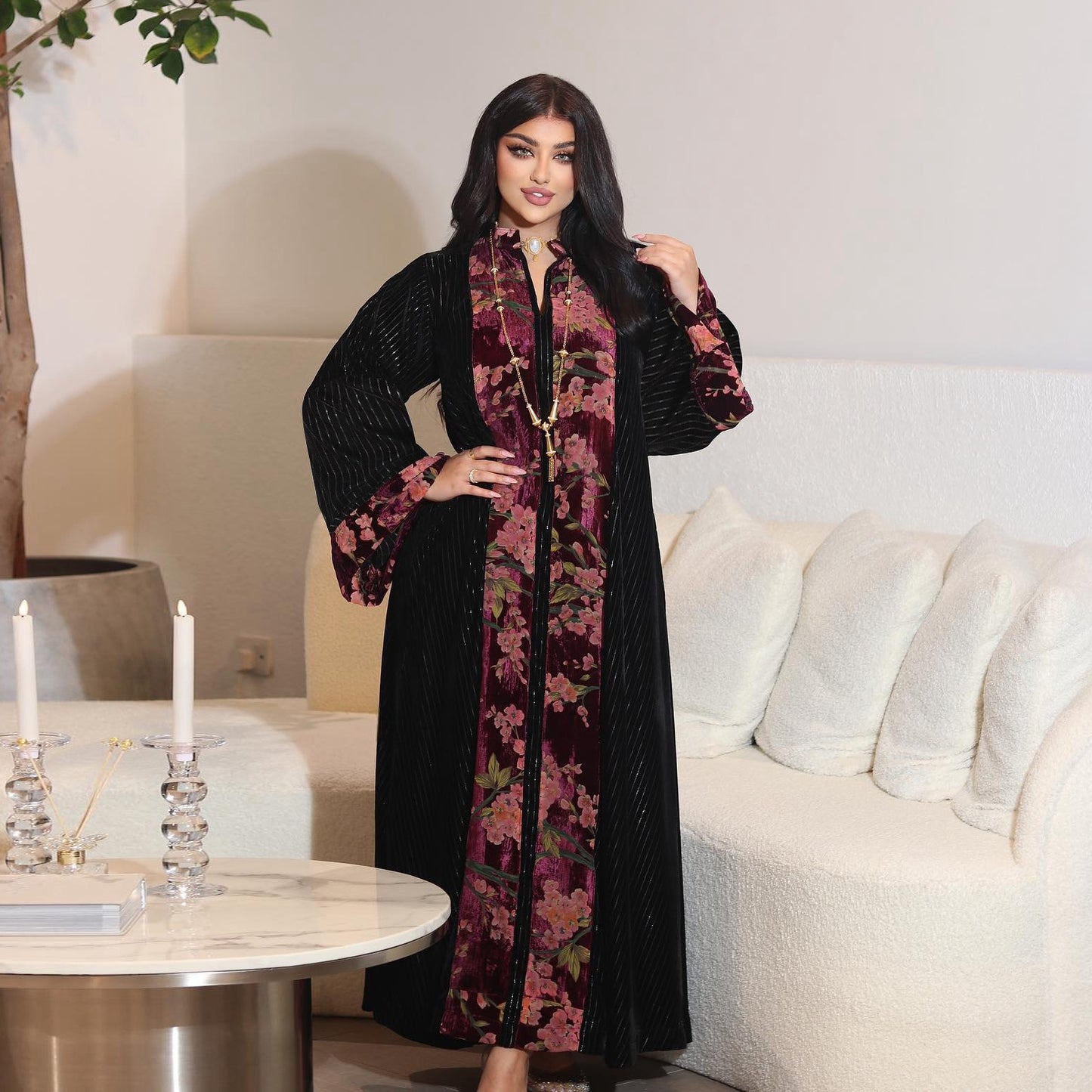 MS433#Muslim gold velvet jacquard temperament fashion ladies' robes