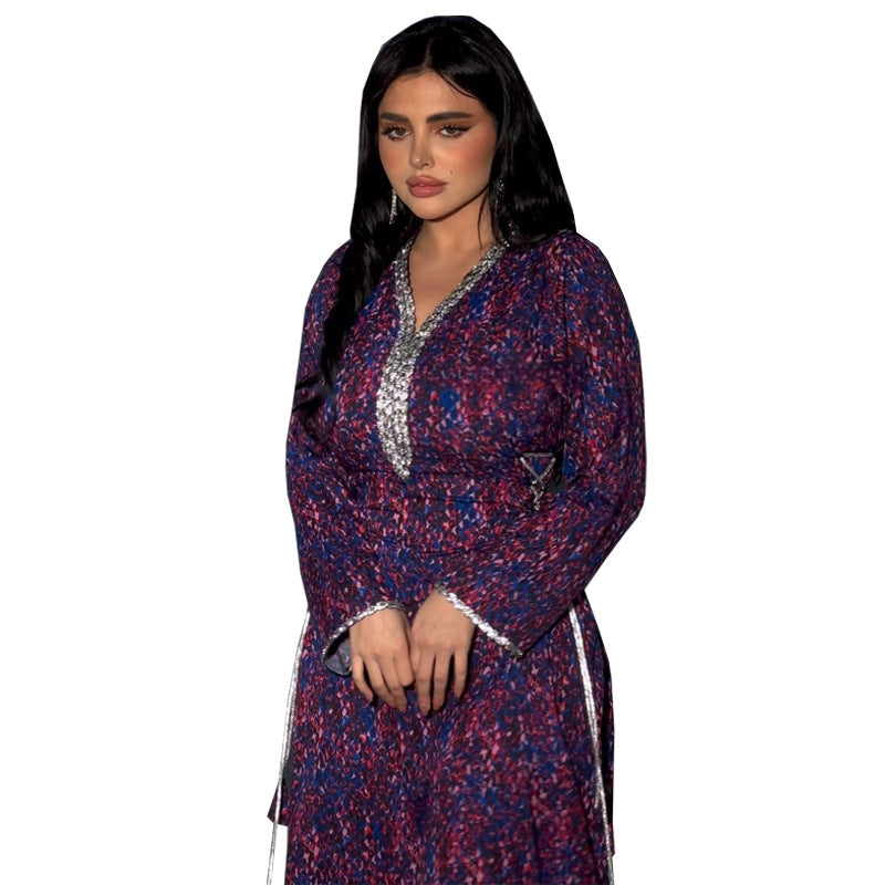 MS529# Muslim Arabic print dress, diamond-encrusted sparkling robe, Eid al-Adha home wear