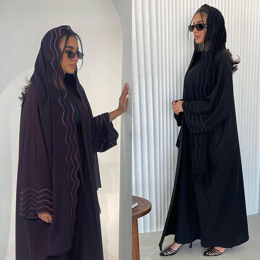 MS429 # Muslim Abaya embroidered trumpet sleeve jacket with headscarf two-piece suit