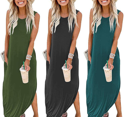 FS306#Vestido largo informal holgado para mujer, sin mangas, con abertura, para playa, con bolsillos