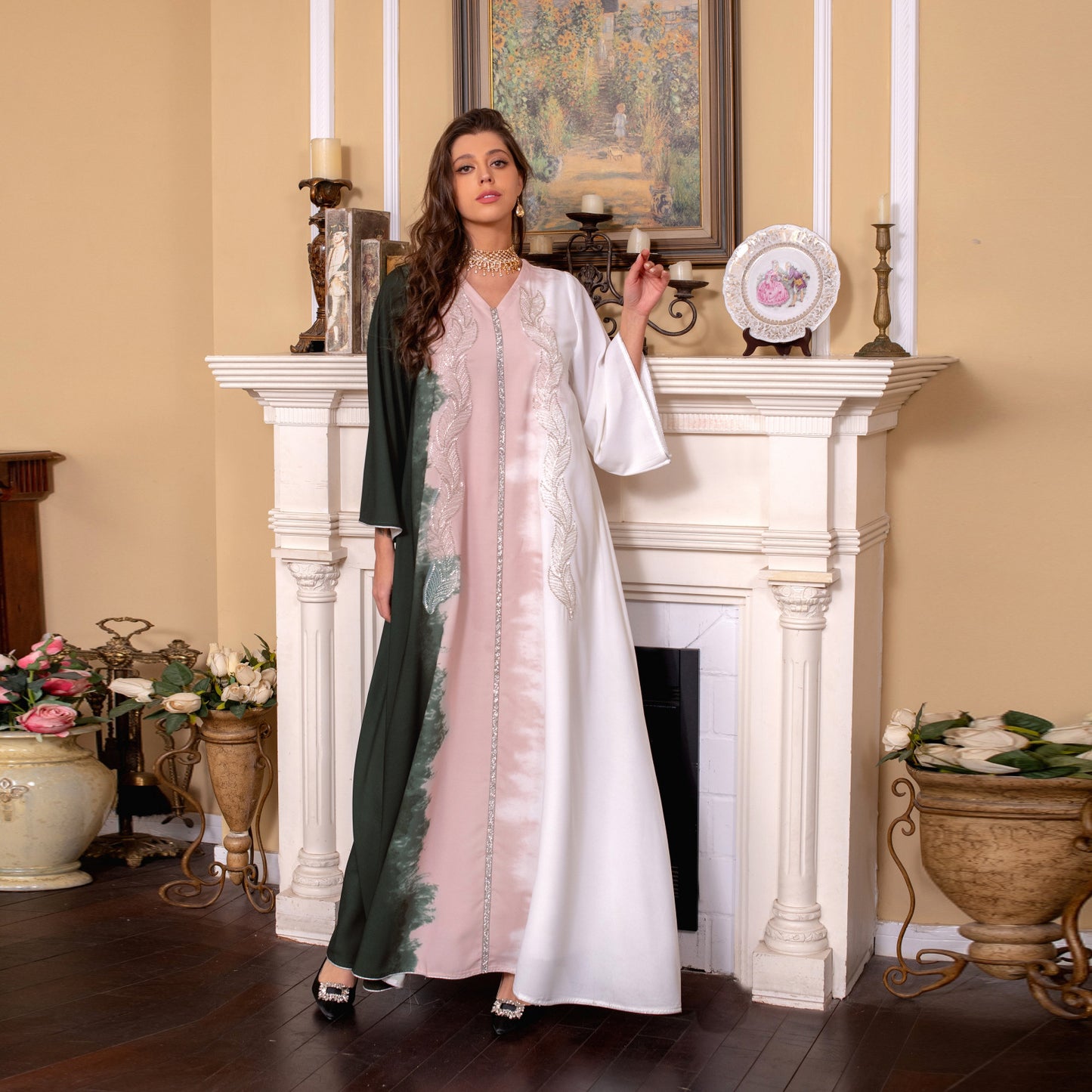 MS430#Muslim abaya clothing beaded embroidered tie-dyed rhinestone robe