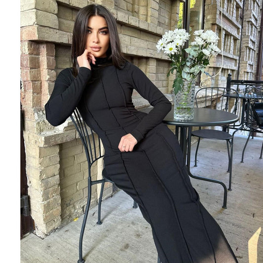 MS477#Fashion solid color tight wrap hip long sleeve temperament knitted women dress