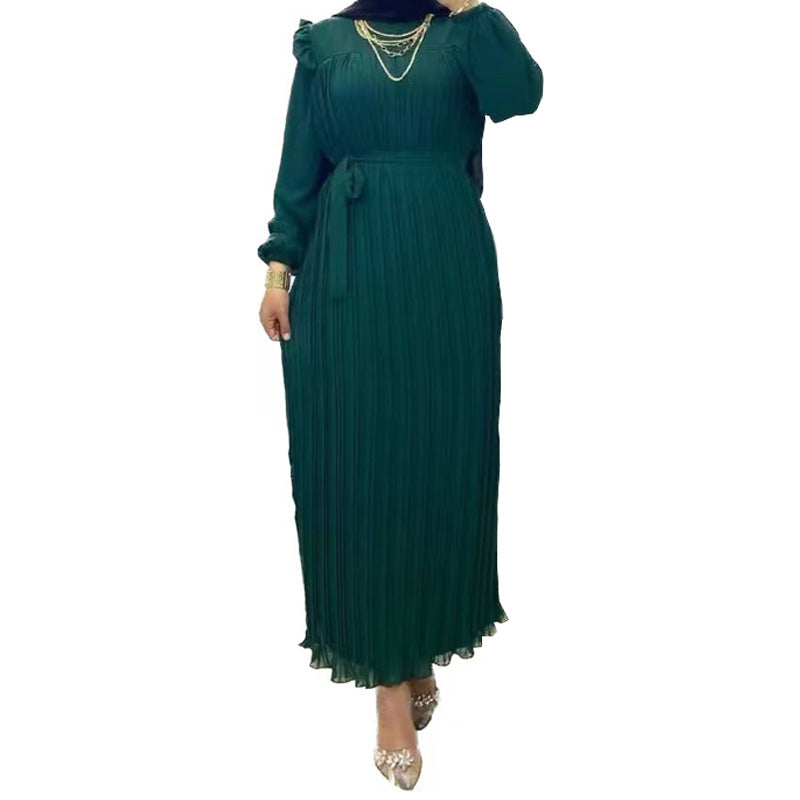 MS518#Women's solid color high-neck fashion loose dress with belt