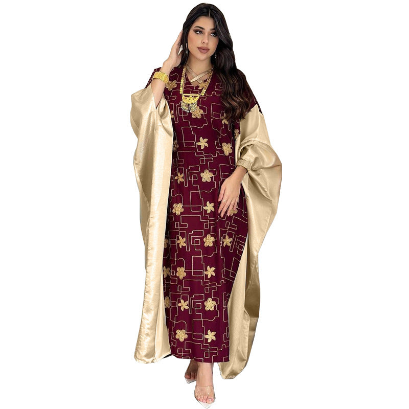 MS550#Arabian Dubai Muslim Women's Embroidered Color Block Dress Fashion