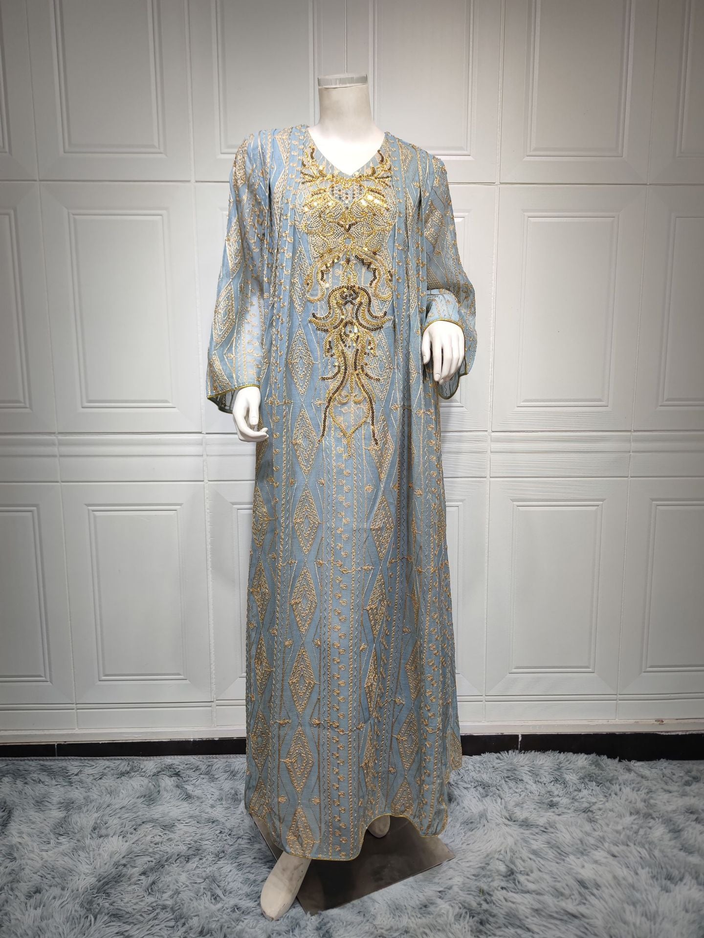 MS421#Muslim stitching loose robe with beaded embroidery