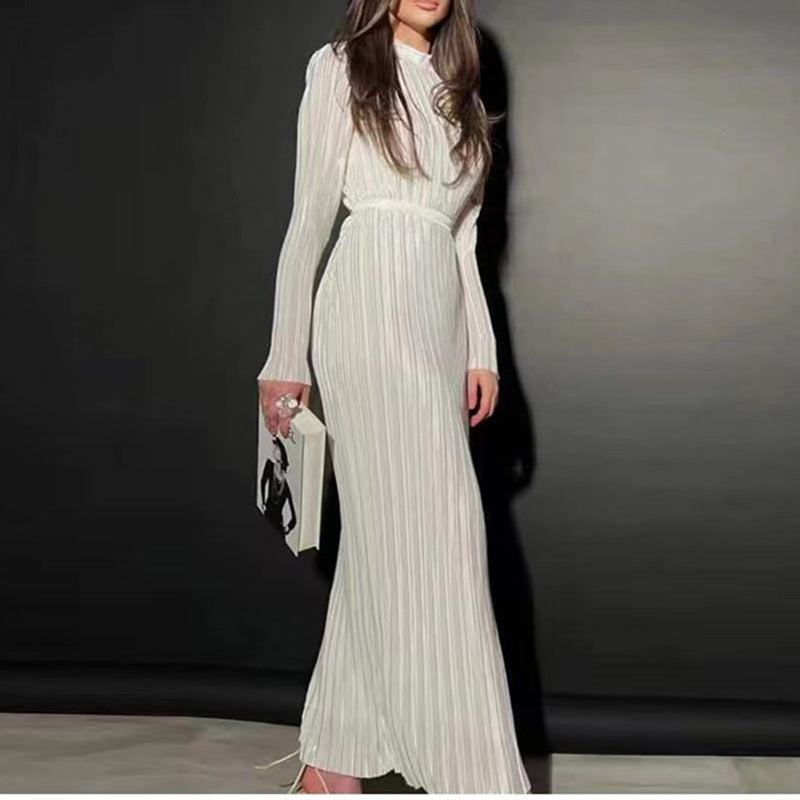 MS406#Autumn semi-high-necked slim hip-wrapped dress pleated long-sleeved lace-up dress