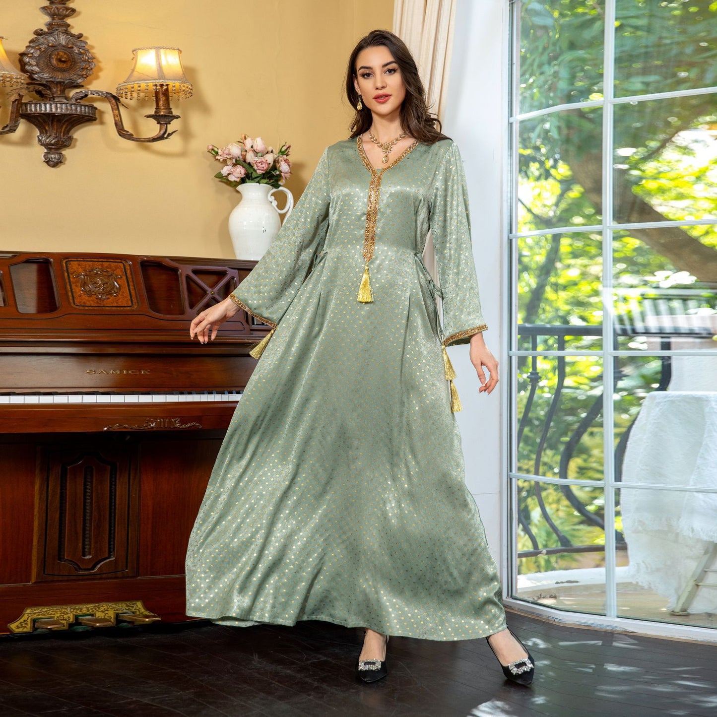 MS534#Muslim 2024 spring cross-border fashion ethnic women's suede bronzing hot diamond dress with waist rope