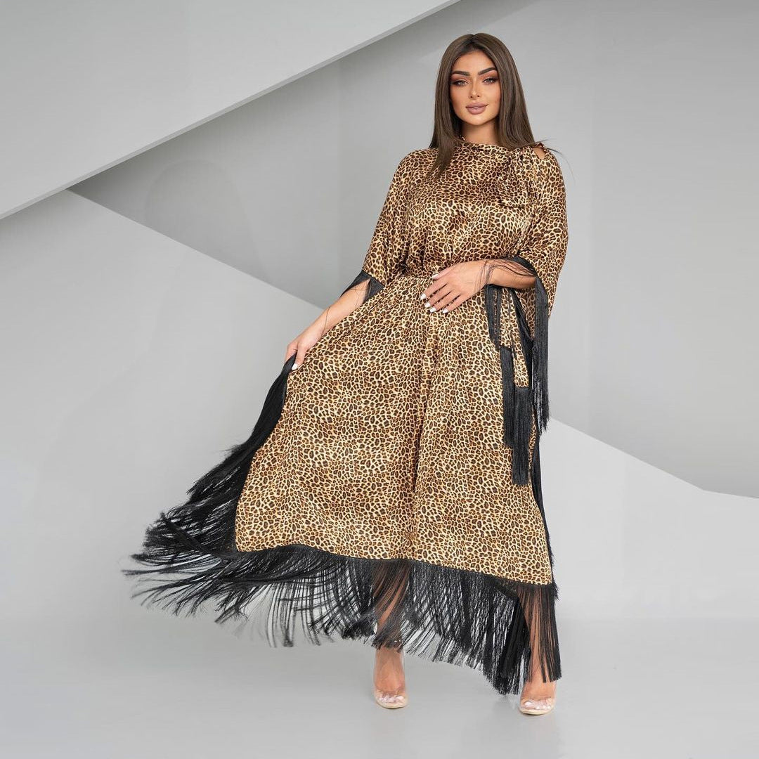 MS432#Modest fashion bat sleeve fringed leopard dress