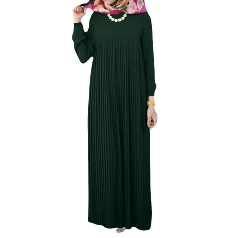 MS591#Temperament Elegant Pleated Skirt Solid Color Round Neck Long Sleeve Pleated Dress