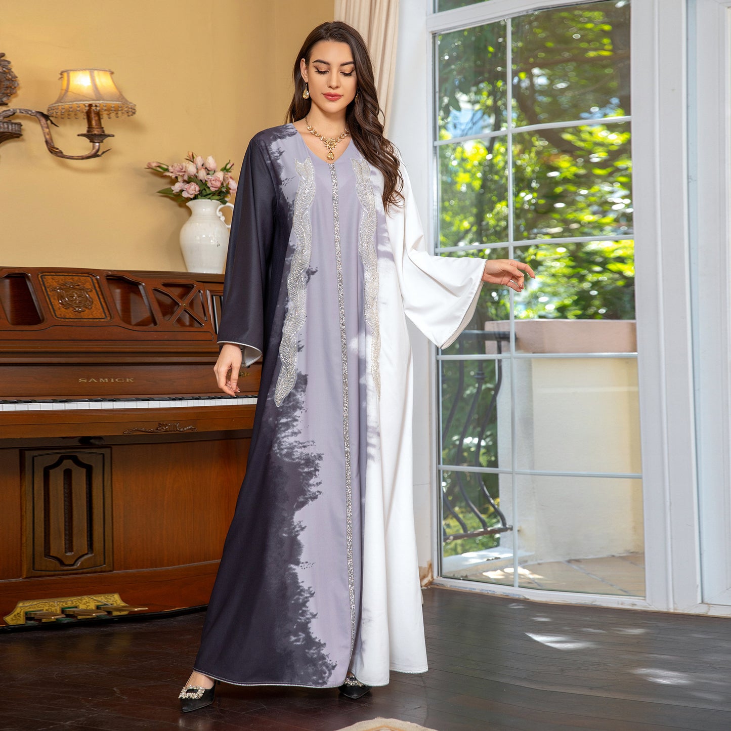 MS430#Muslim abaya clothing beaded embroidered tie-dyed rhinestone robe