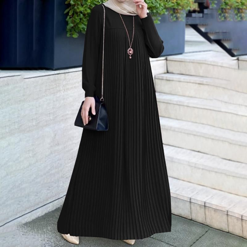 MS591#Temperament Elegant Pleated Skirt Solid Color Round Neck Long Sleeve Pleated Dress