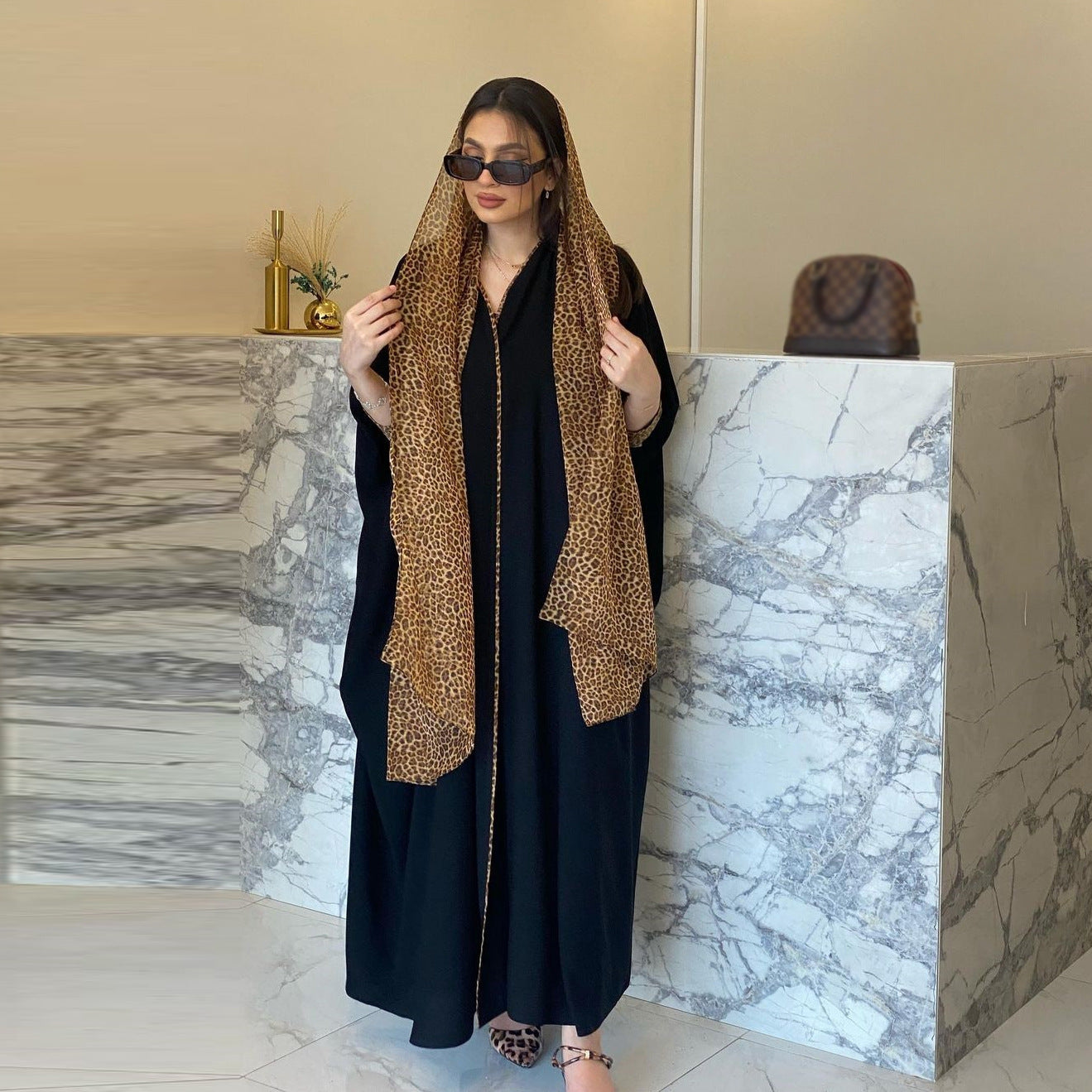 MS431#Muslim Abaya fashion cardigan leopard chiffon color matching robe with headscarf (NO inner dress)