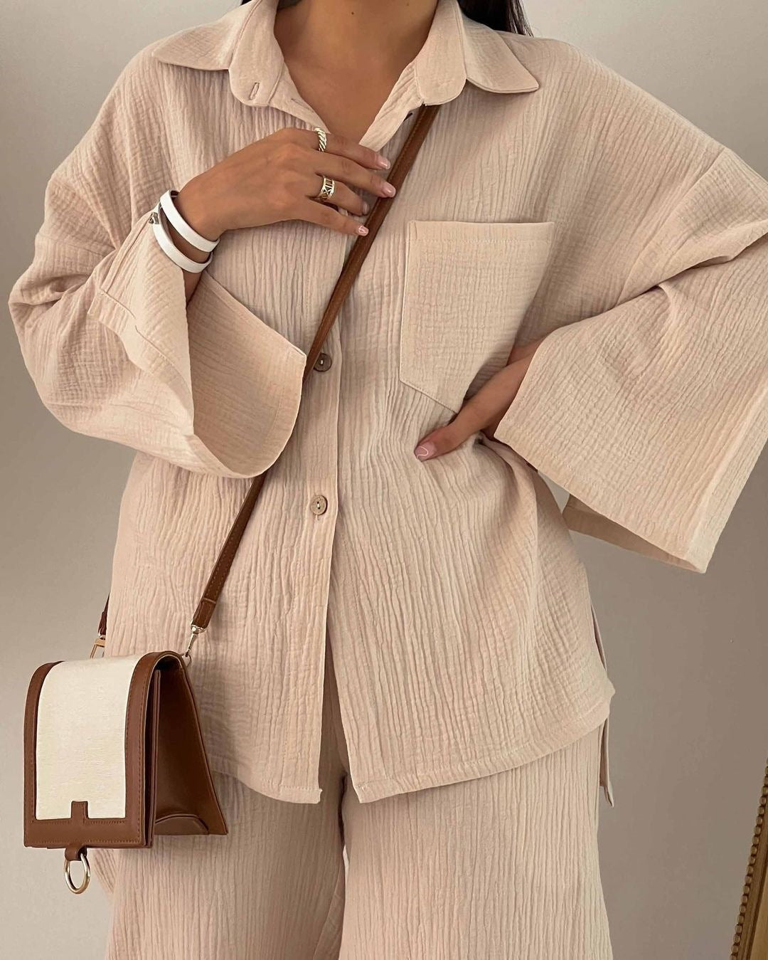 MS503#Plus-size women's fashion crepe long-sleeved shirt high-waisted wide-leg trouser suit