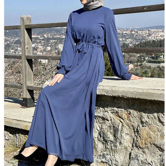 MS500#Solid color abaya fashion temperament lace-up long chiffon women dress uniform size