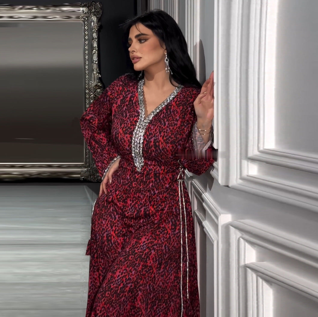 MS529# Muslim Arabic print dress, diamond-encrusted sparkling robe, Eid al-Adha home wear