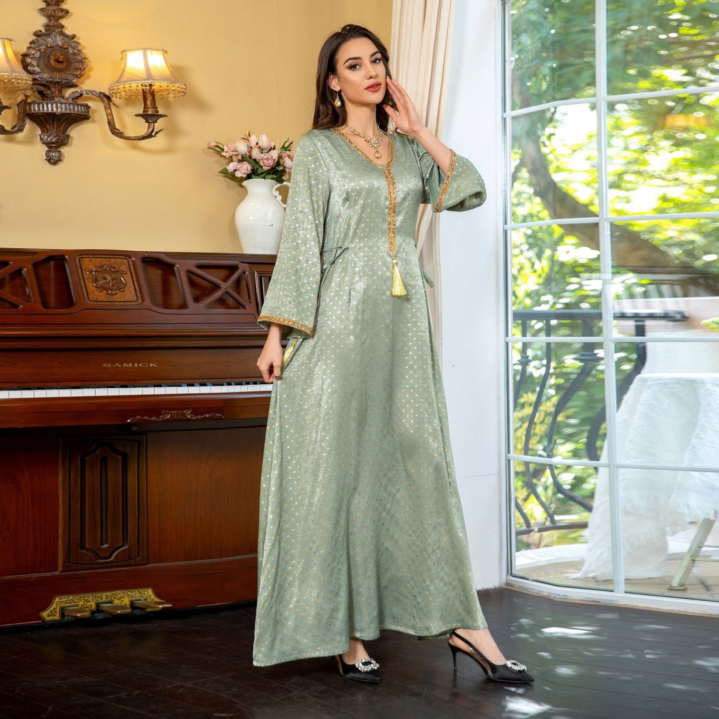 MS534#Muslim 2024 spring cross-border fashion ethnic women's suede bronzing hot diamond dress with waist rope