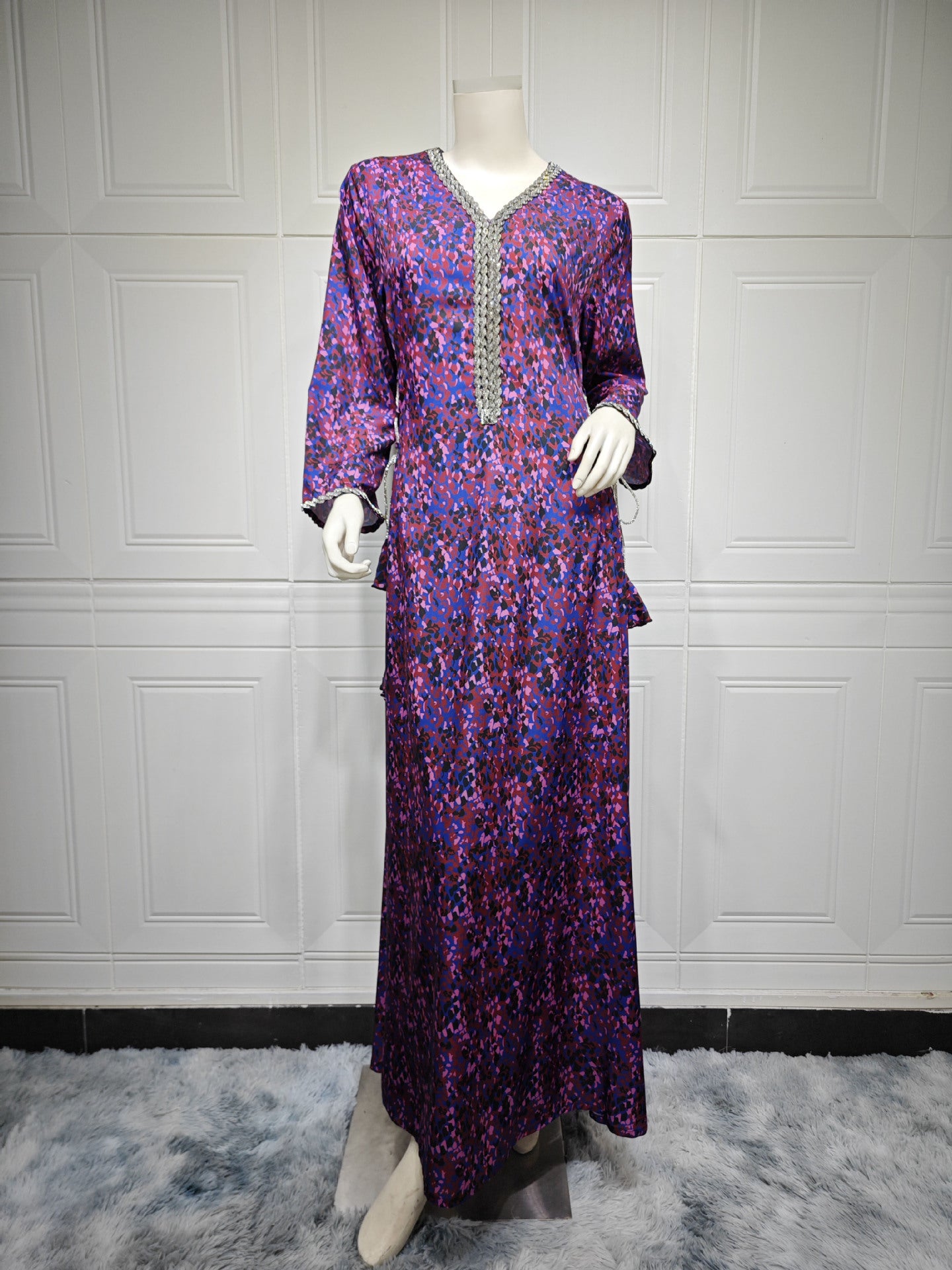 MS529# Muslim Arabic print dress, diamond-encrusted sparkling robe, Eid al-Adha home wear