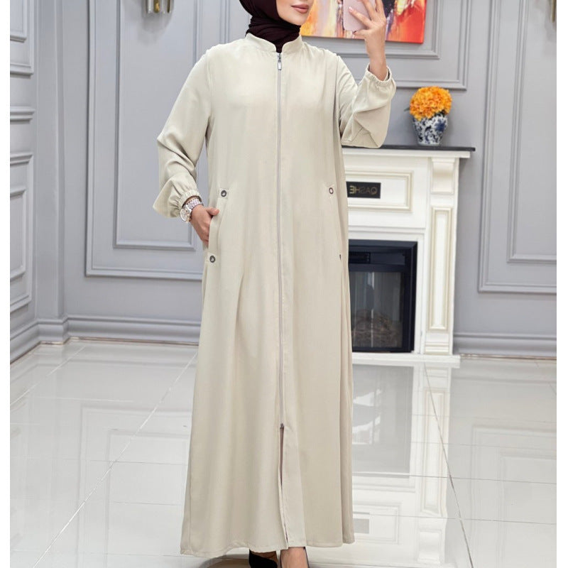 MS499#Ladies stand collar zipper insert bag temperament loose casual dress gown for women