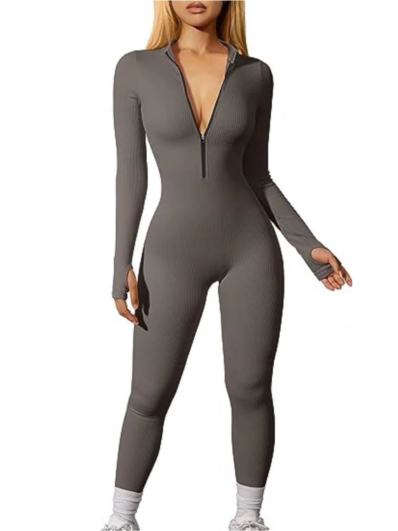 FS315#European and American cross-border women's sports jumpsuit workout ribbed long-sleeved zipper casual jumpsuit trousers tight