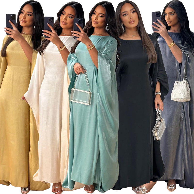 MS535#New 2024 summer Middle Eastern modest Muslim fashion bright silk satin waist abaya dress