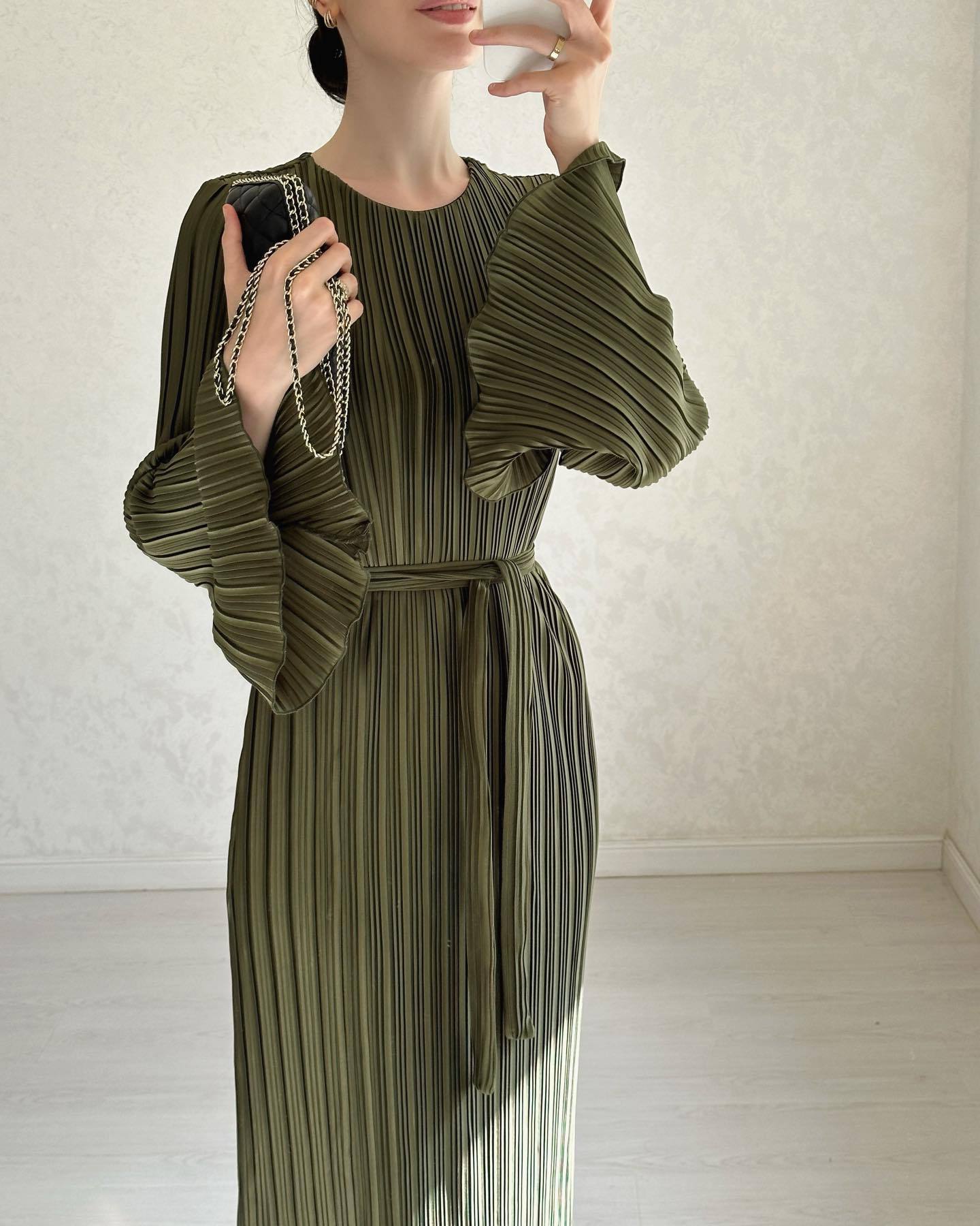 MS444#Women's long skirt pleated flared sleeve long dress