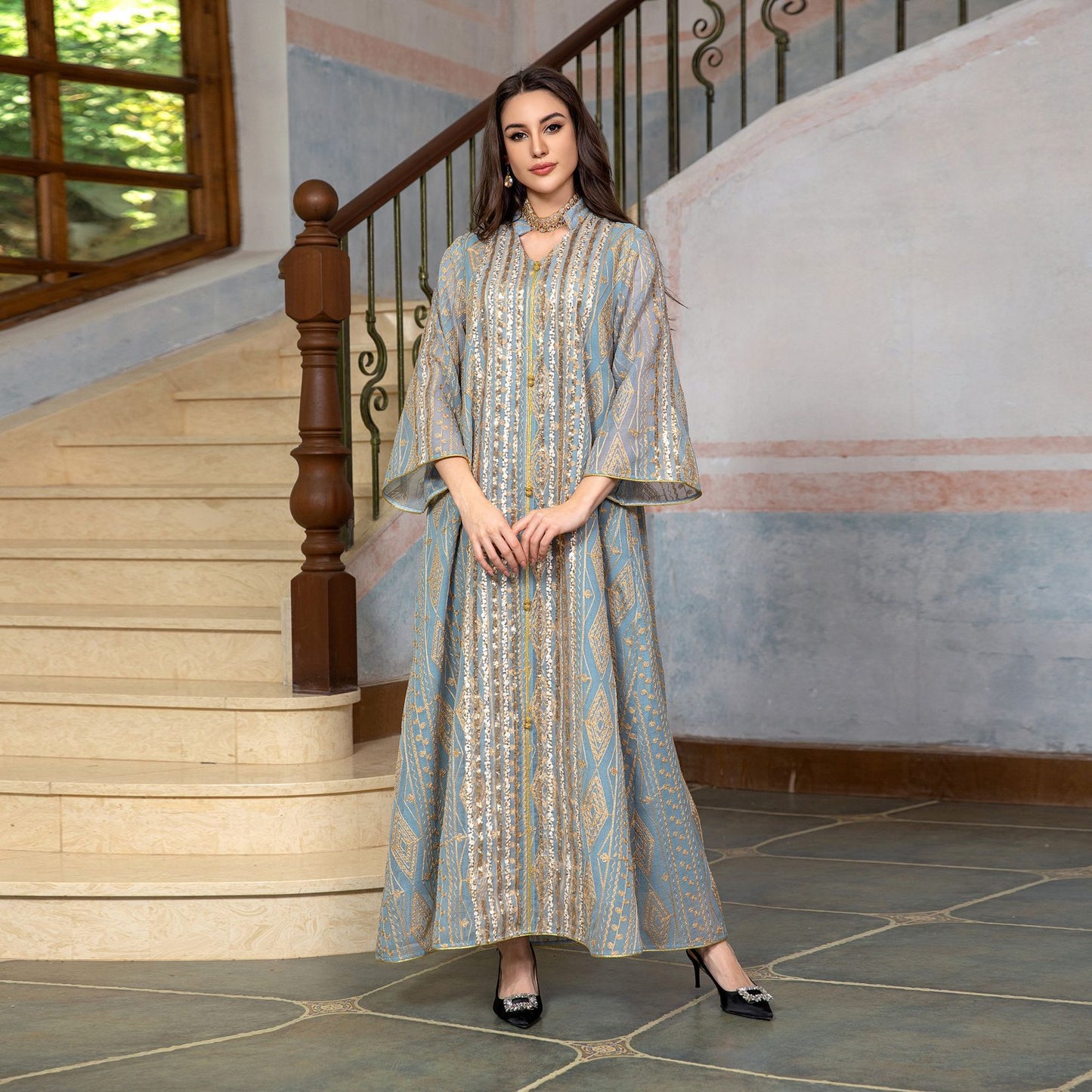 MS425#Muslim gauze embroidered sequined stitching robe