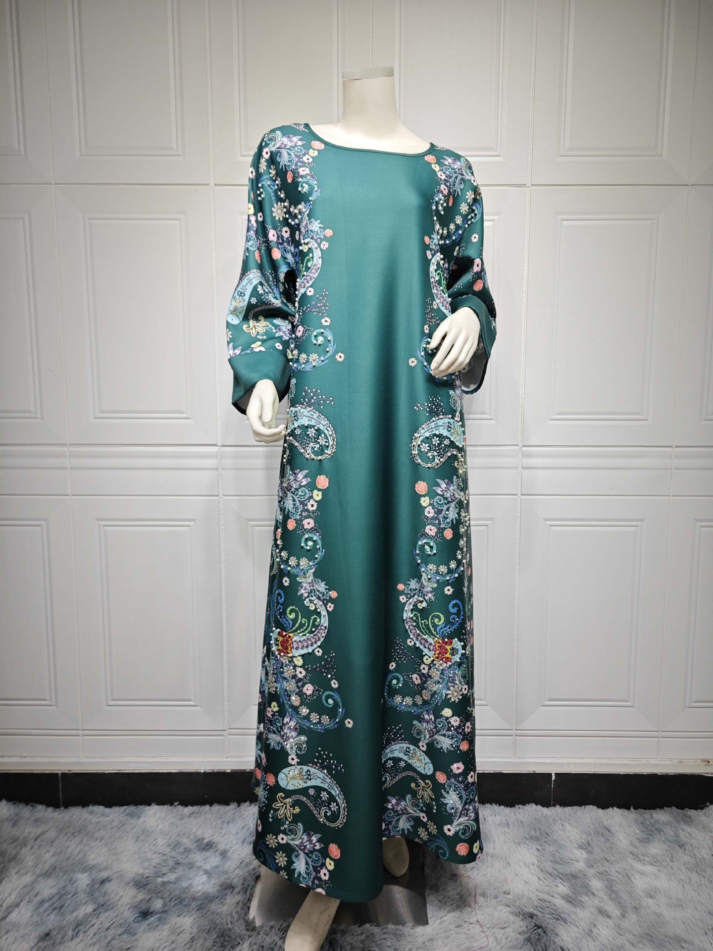 MS568#Muslim women's clothing Arab Dubai hot diamond pearl burning flower craft dress jalabiya robe