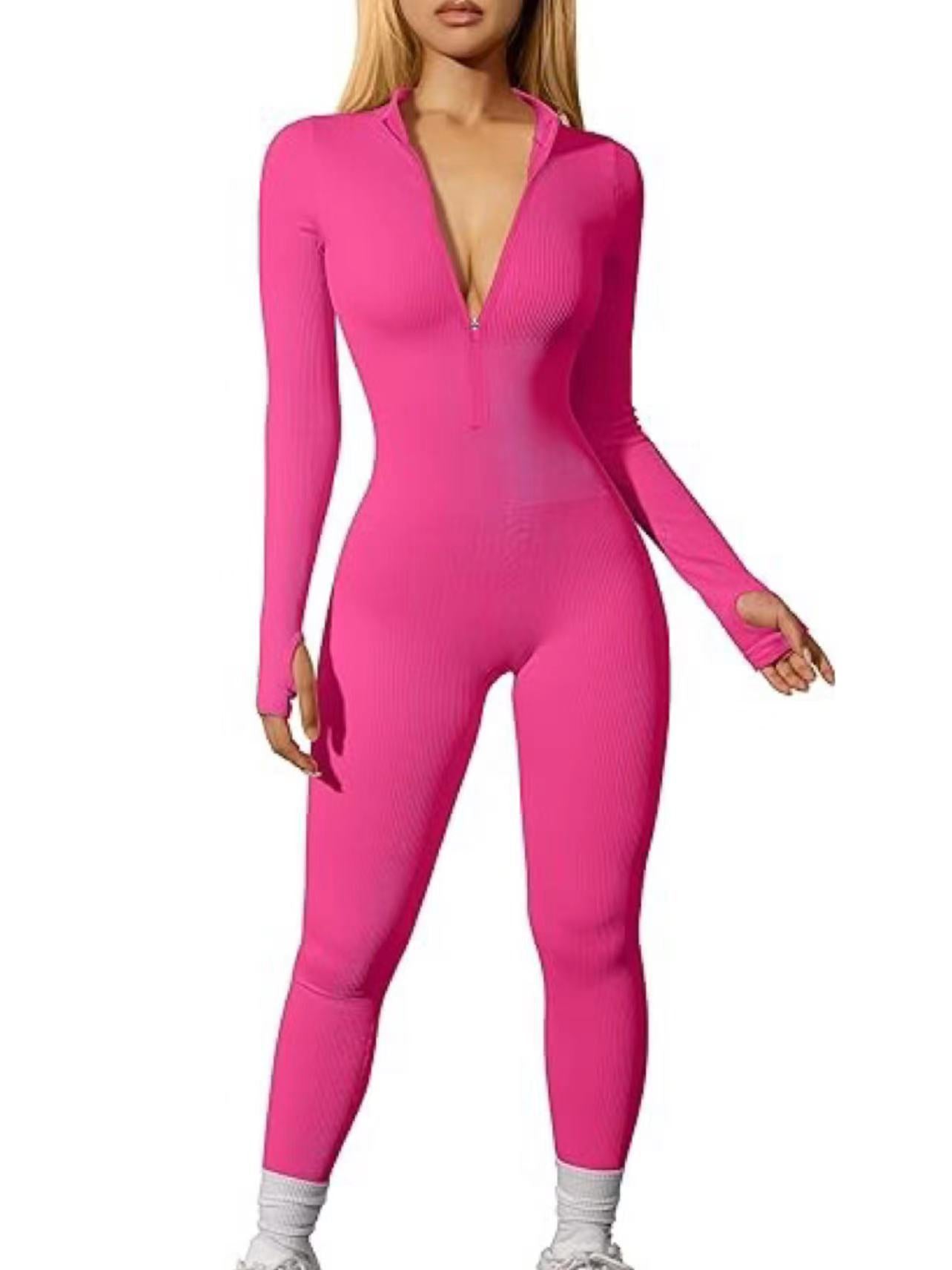 FS315#European and American cross-border women's sports jumpsuit workout ribbed long-sleeved zipper casual jumpsuit trousers tight