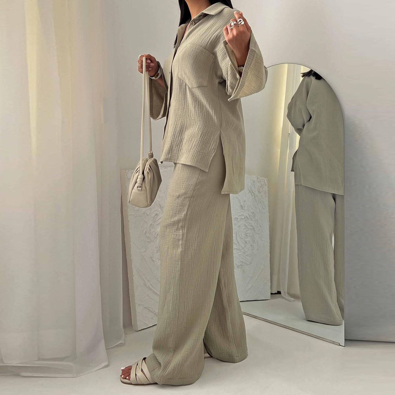 MS503#Plus-size women's fashion crepe long-sleeved shirt high-waisted wide-leg trouser suit