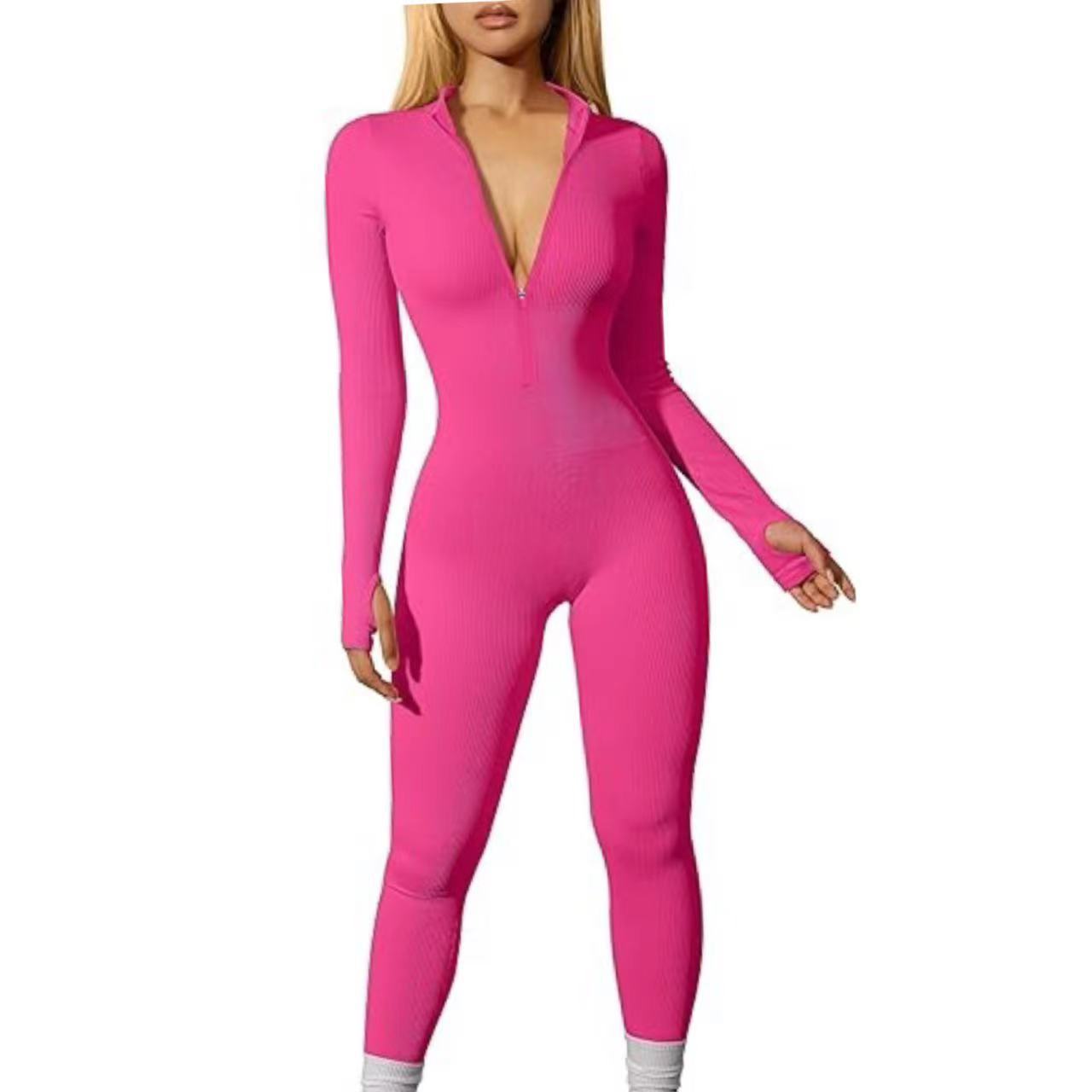 FS315#European and American cross-border women's sports jumpsuit workout ribbed long-sleeved zipper casual jumpsuit trousers tight