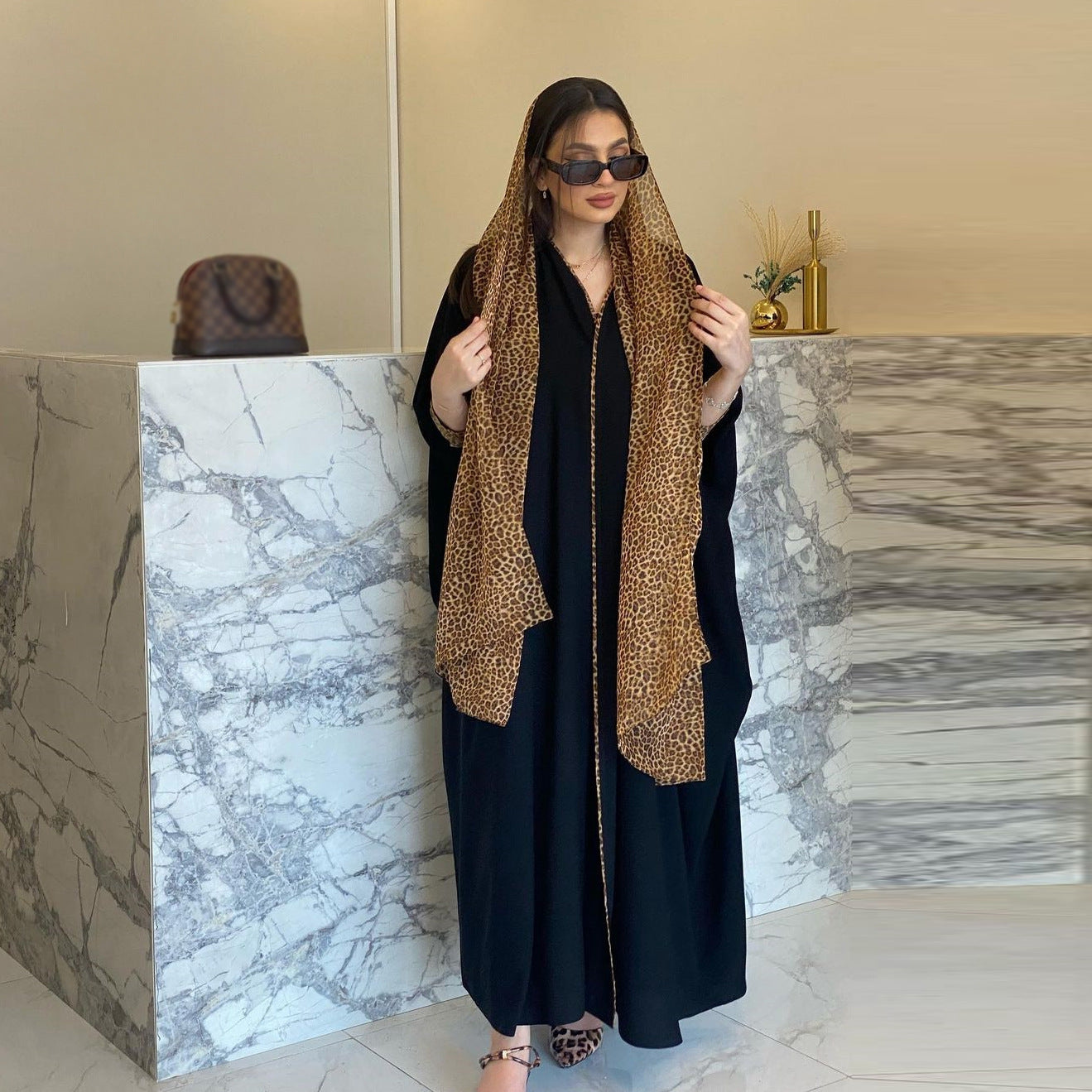 MS431#Muslim Abaya fashion cardigan leopard chiffon color matching robe with headscarf (NO inner dress)