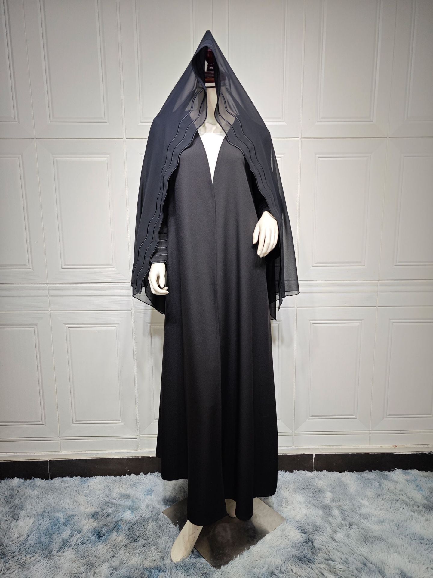 MS429 # Muslim Abaya embroidered trumpet sleeve jacket with headscarf two-piece suit