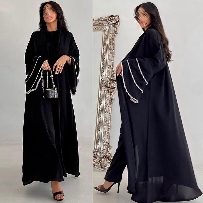 MS563#Arab Dubai Cardigan Black Robe Cuffs Beaded Abaya Fashion Coat