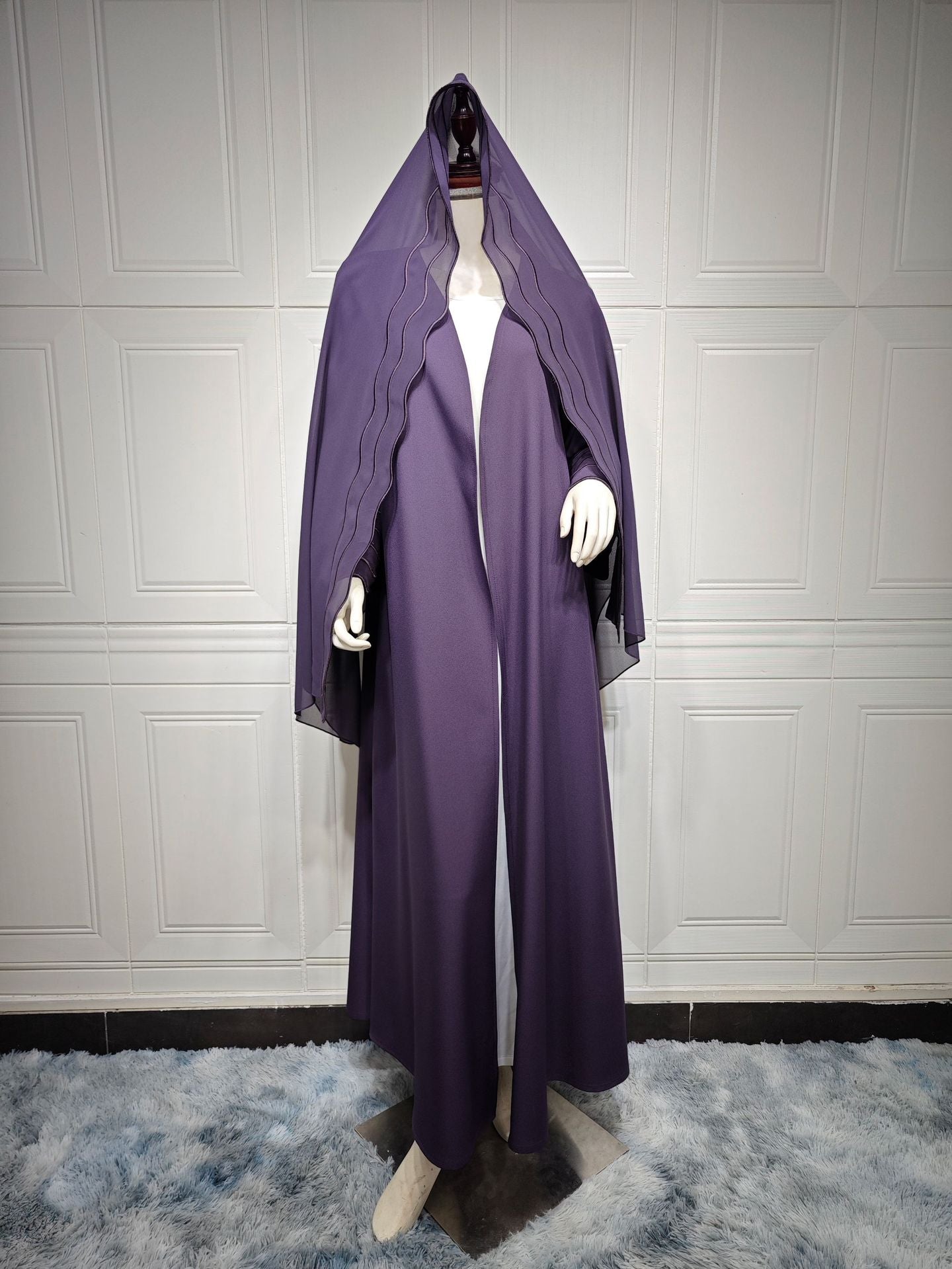 MS429 # Muslim Abaya embroidered trumpet sleeve jacket with headscarf two-piece suit