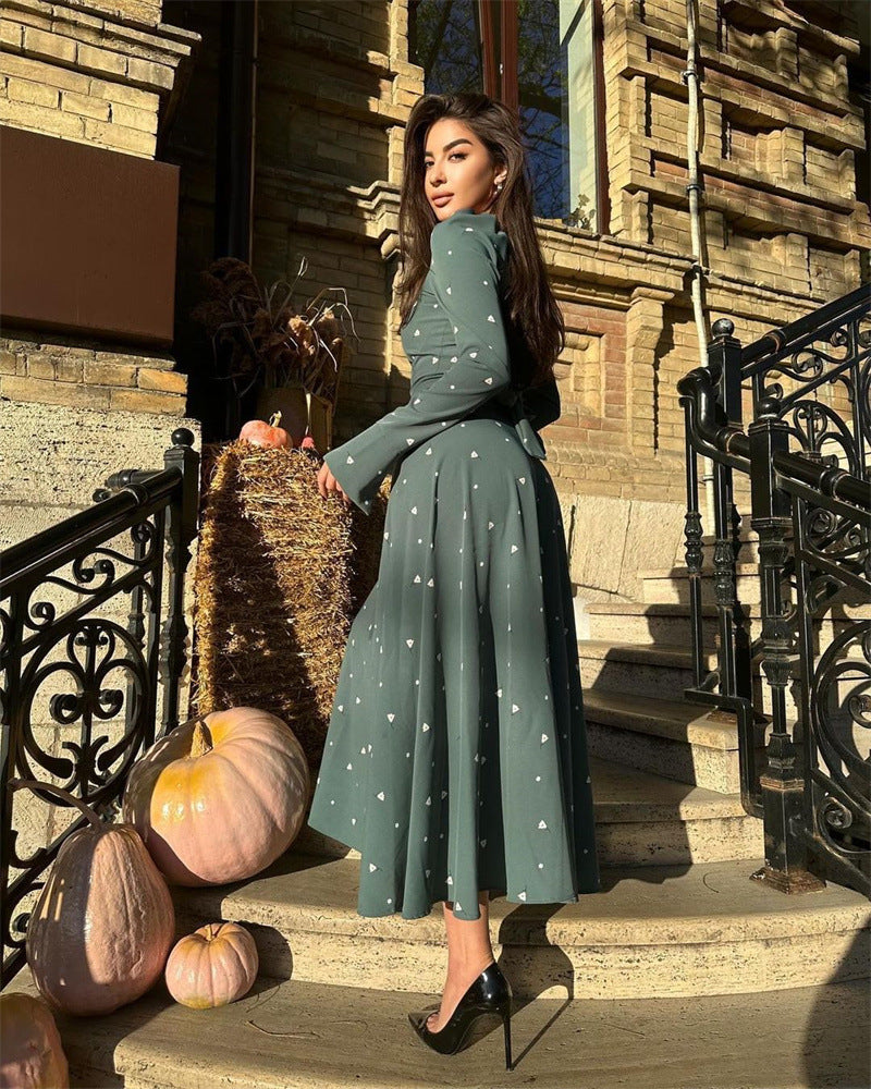 MS474#Stylish print long-sleeved high-waisted dress with long belt