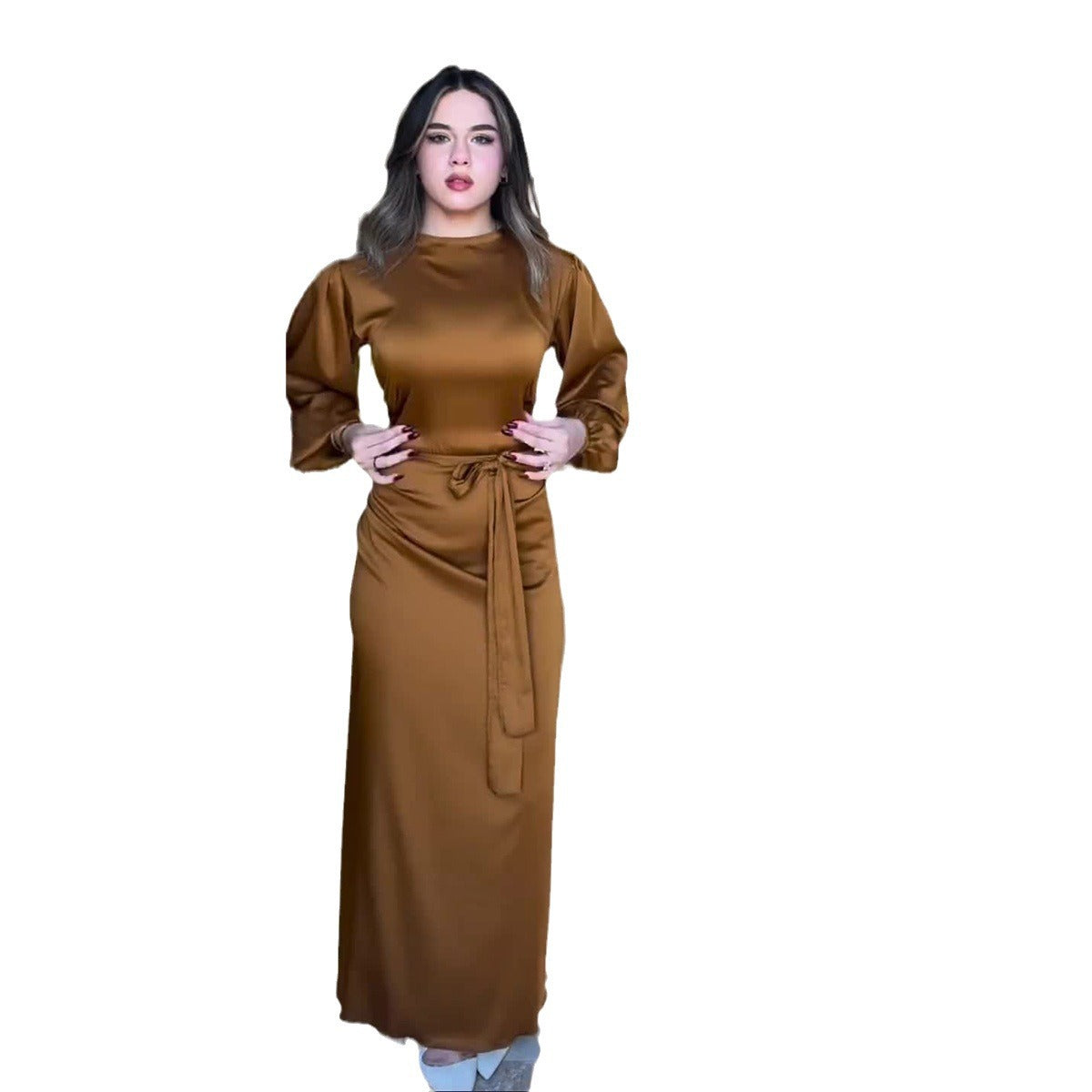 MS450#Women's pullover satin solid color dress with belt