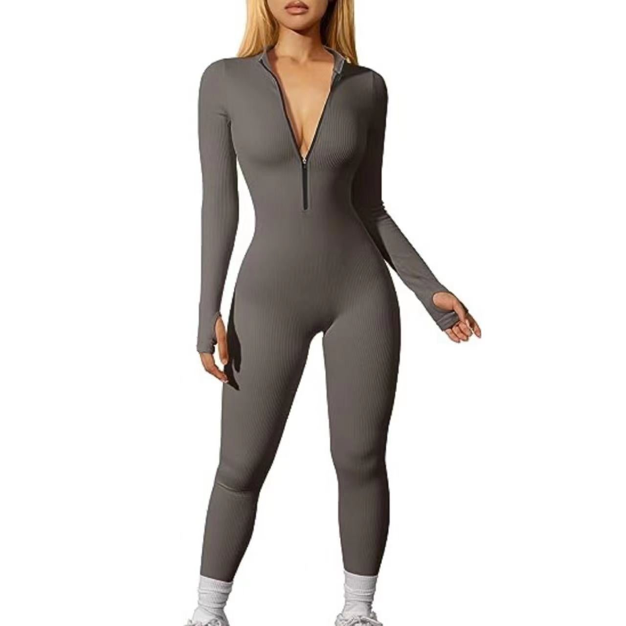 FS315#European and American cross-border women's sports jumpsuit workout ribbed long-sleeved zipper casual jumpsuit trousers tight