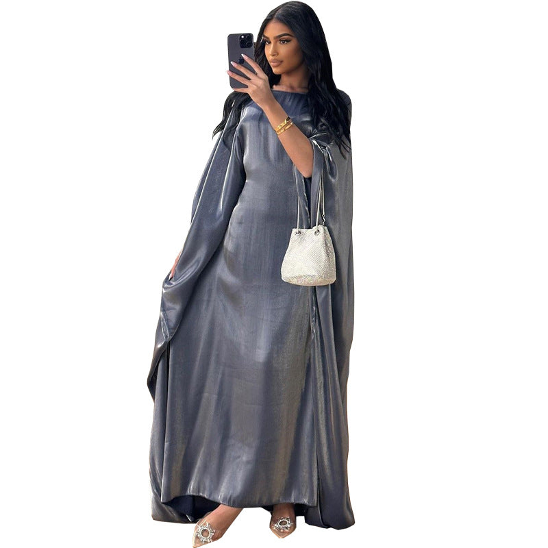 MS535#New 2024 summer Middle Eastern modest Muslim fashion bright silk satin waist abaya dress