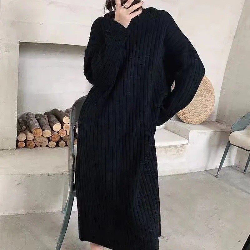 MS409#Hooded knitted women's loose long over-the-knee solid color sweater skirt