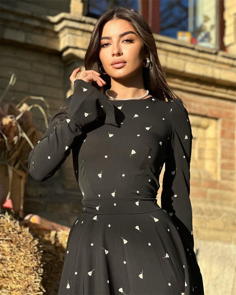 MS474#Stylish print long-sleeved high-waisted dress with long belt