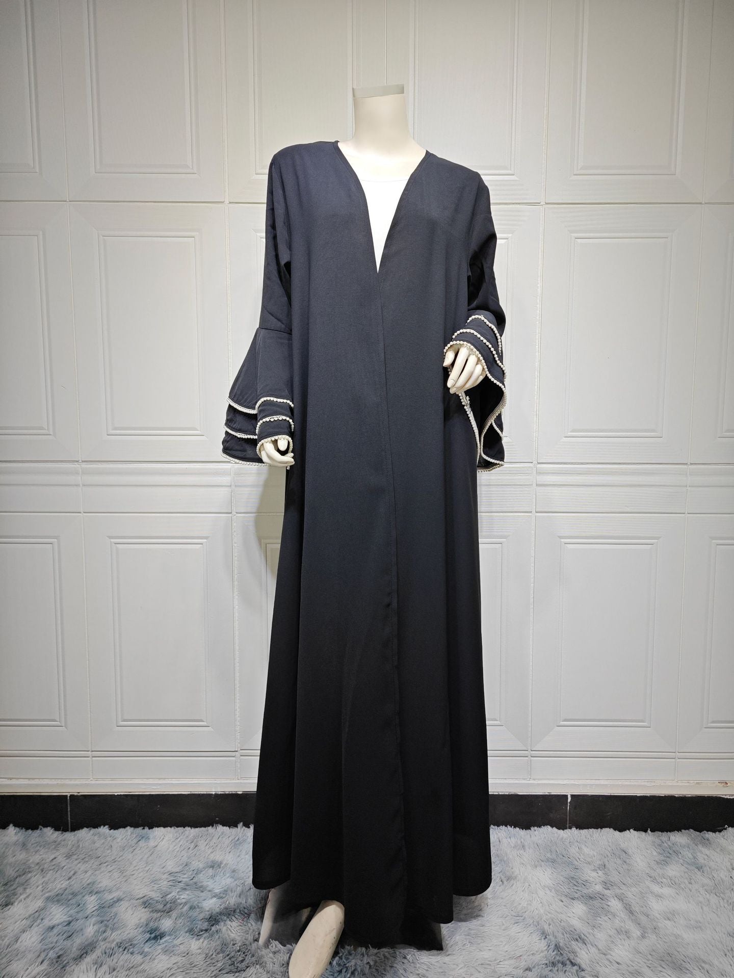 MS563#Arab Dubai Cardigan Black Robe Cuffs Beaded Abaya Fashion Coat