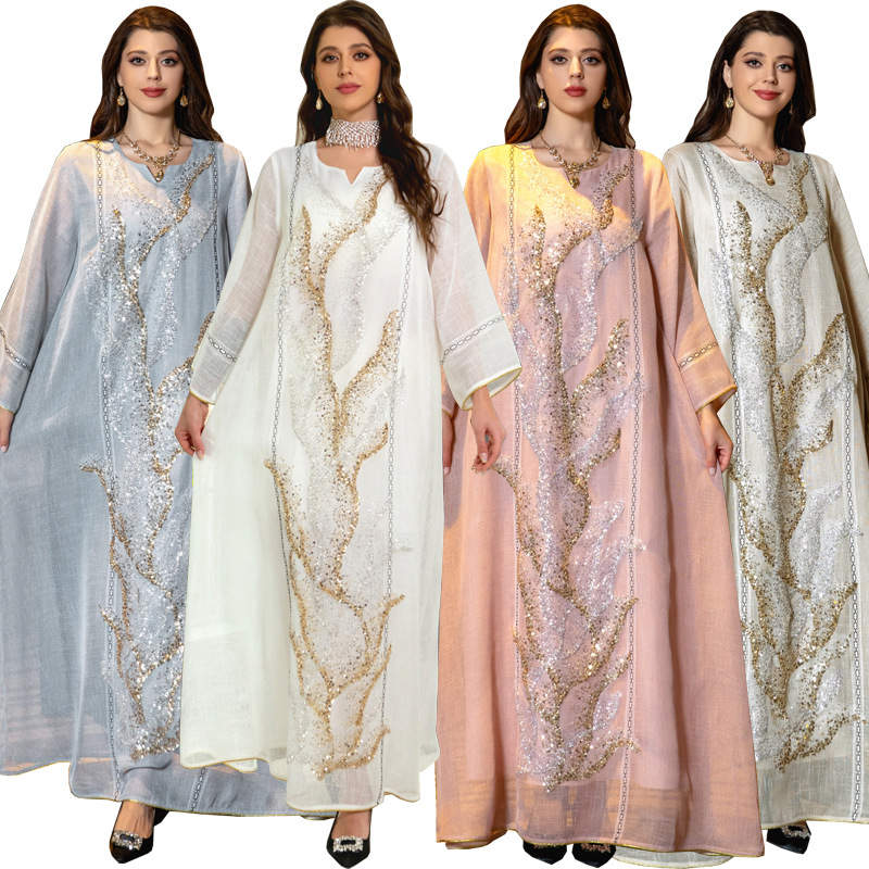 MS332#Muslim white gauze bead embroidered temperament robe