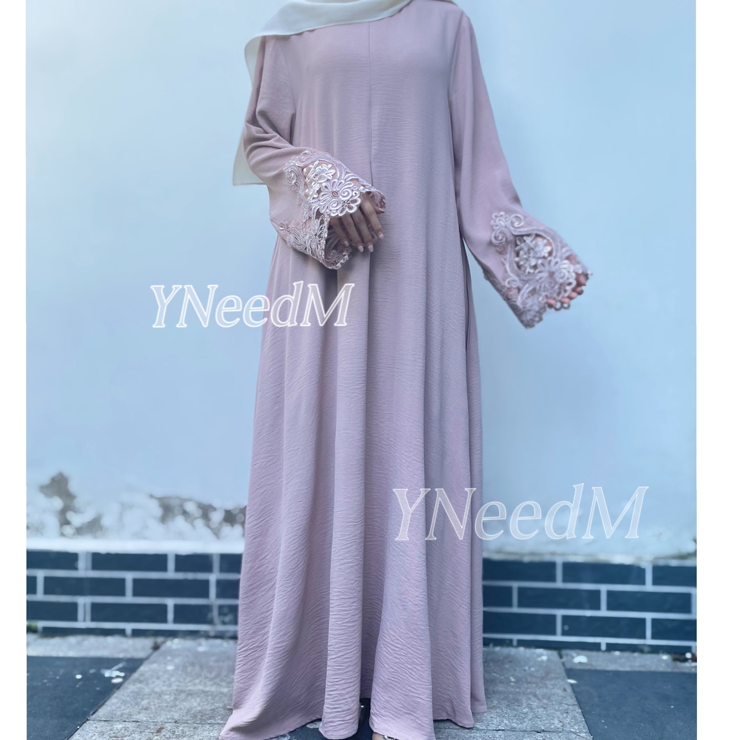 MS348#Modest lace sleeve loose fitting crepe abaya(Nidah)