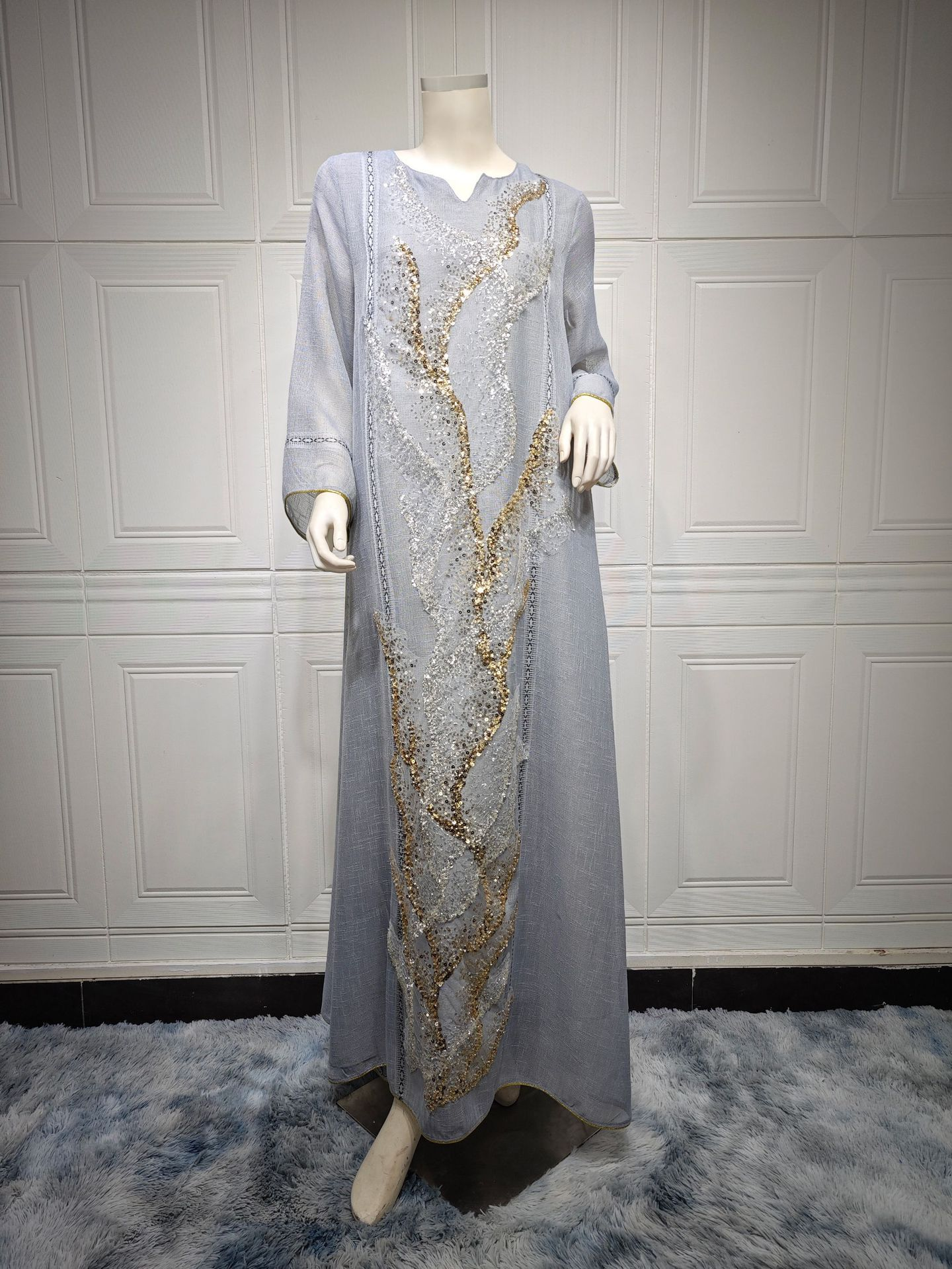 MS332#Muslim white gauze bead embroidered temperament robe