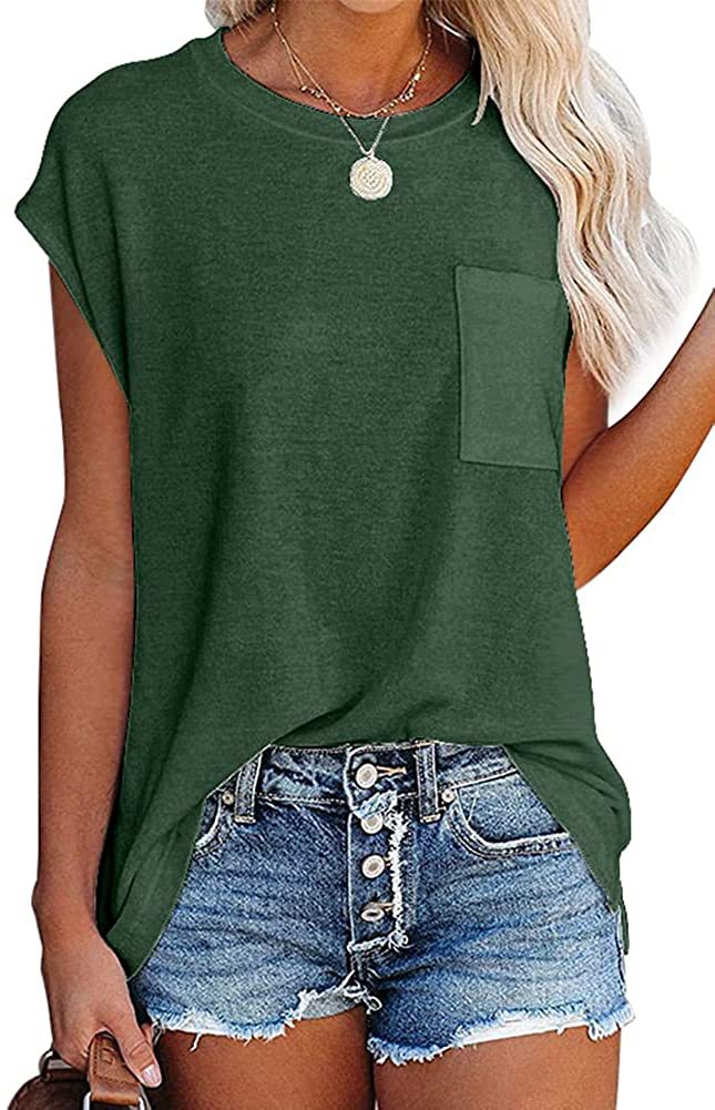 FS313#Womens Summer Short Cap Sleeve Shirts Solid Loose Fit Pocket Tunic Tops