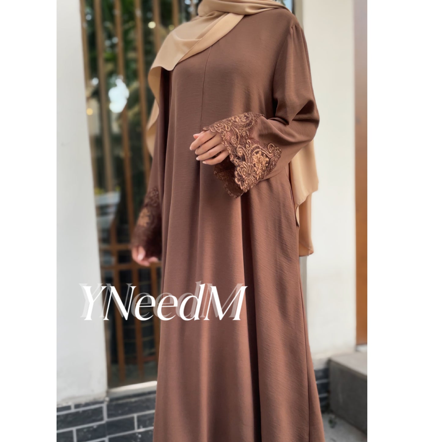 MS348#Modest lace sleeve loose fitting crepe abaya(Nidah)