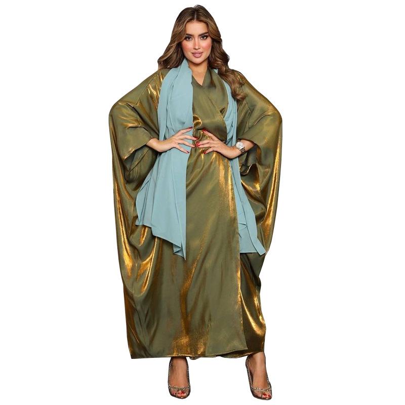 MS303# Muslim fashion bright silk Satin solid color Batsleeve robe European and American plus size women's wear