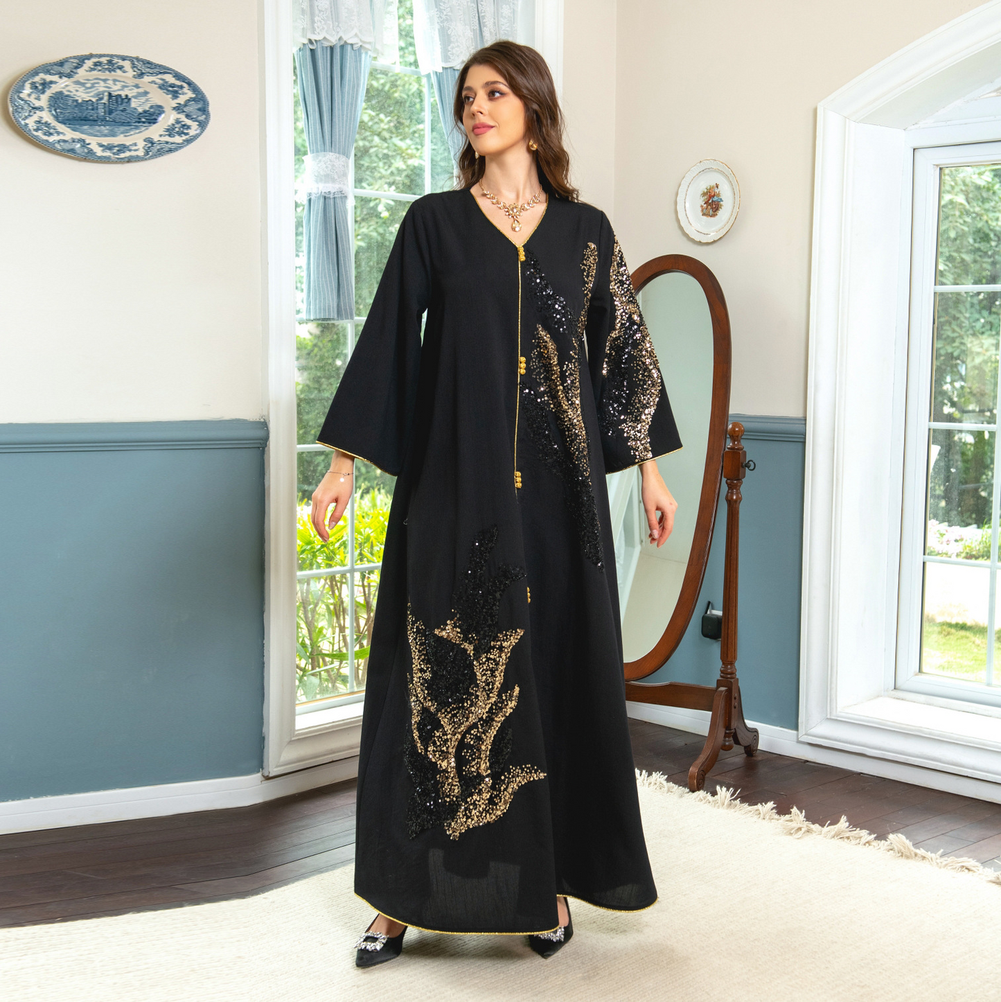 MS333#Long sleeve beadwork embroidered loose robe for Muslim women