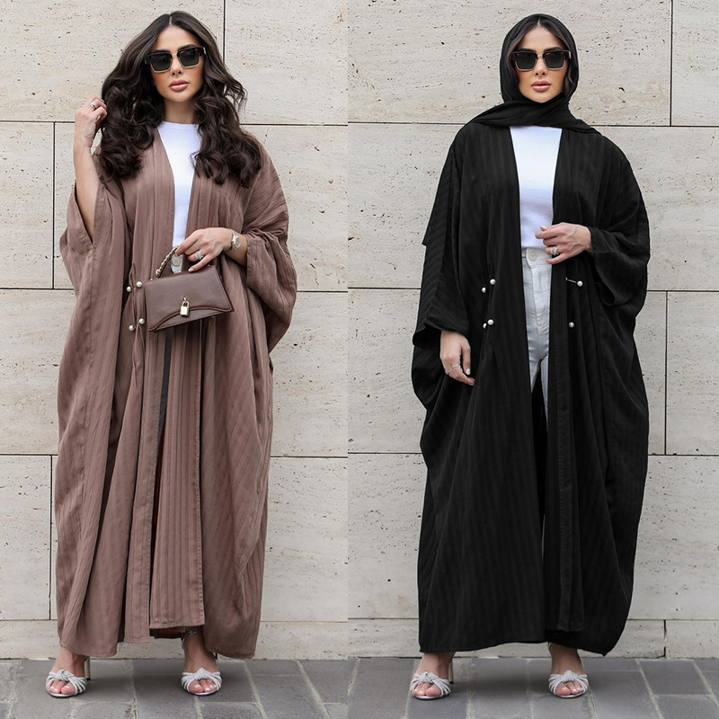 MS329#Muslim women wear a modest striped casual abaya cardigan