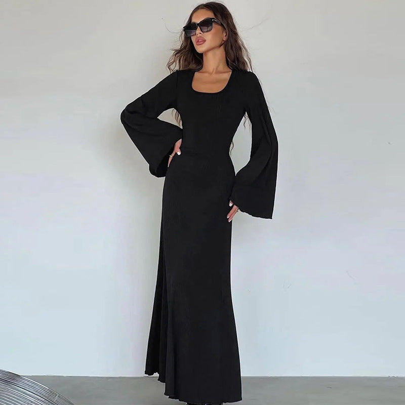 MS356#casual women's gown with slit lantern sleeves